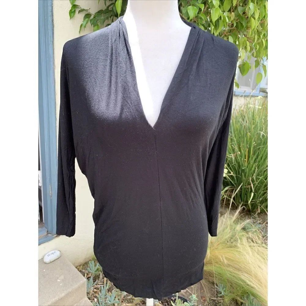 three dots womens solid black v neck long sleeve top xs